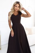 643-10 Elegancka wieczorowa suknia maxi z rozcięciem i różami - czekoladowy brąz