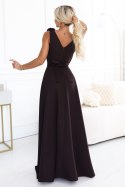 643-10 Elegancka wieczorowa suknia maxi z rozcięciem i różami - czekoladowy brąz