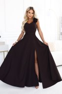 643-10 Elegancka wieczorowa suknia maxi z rozcięciem i różami - czekoladowy brąz