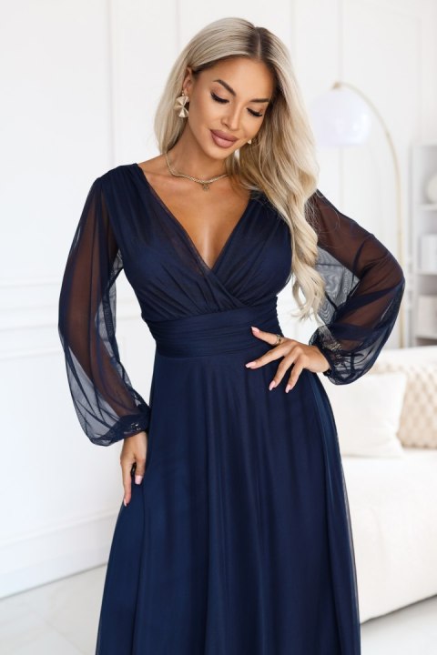 684-3 NERISSA elegancka tiulowa sukienka maxi z kopertowym dekoltem - granatowa