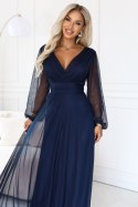 684-3 NERISSA elegancka tiulowa sukienka maxi z kopertowym dekoltem - granatowa
