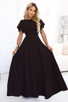 694-2 MIRELLA Elegancka rozkloszowana sukienka maxi z cekinowymi rękawami - czekoladowy brąz