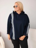 Bluza damska Plus Size wiskozowa z kapturem i ozdobnymi paskami granatowa