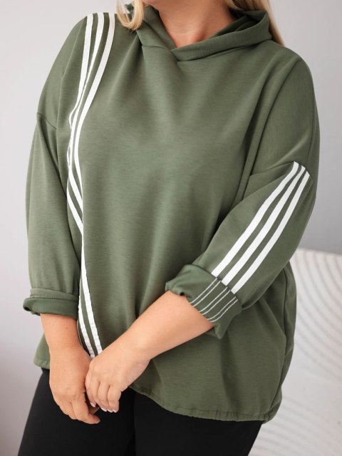 Bluza damska Plus Size wiskozowa z kapturem i ozdobnymi paskami khaki