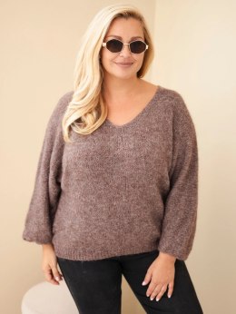 Sweter damski Plus Size z dekoltem V i szerokim rękawem mocca