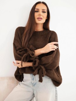 Sweter damski oversize z wiązaniami przy rękawach brązowy