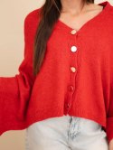 Sweter damski ponczo z baby alpaki z guzikami czerwony