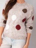 Sweter damski w kolorowe grochy z okrągłym dekoltem beżowy melanż