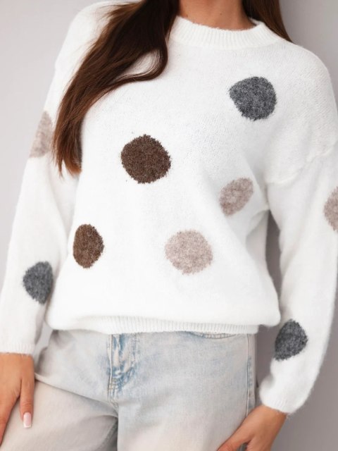 Sweter damski w kolorowe grochy z okrągłym dekoltem ecru