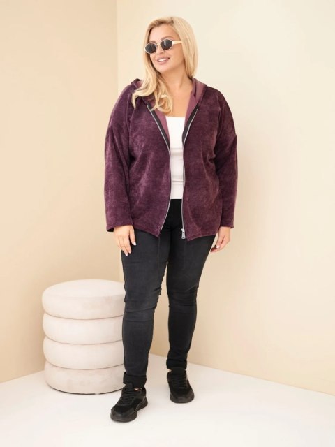 Bluza damska Plus Size sztruksowa z kapturem i zamkiem oversize ciemno fioletowa
