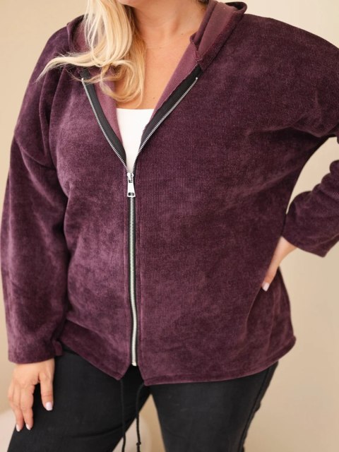 Bluza damska Plus Size sztruksowa z kapturem i zamkiem oversize ciemno fioletowa