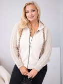 Bluza damska bawełniana Plus Size z dzianinowymi rękawami i kapturem beżowa