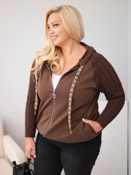 Bluza damska bawełniana Plus Size z dzianinowymi rękawami i kapturem brązowa