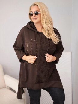 Bluza damska bawełniana Plus Size z kapturem i plecioną wstawką brązowy