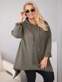 Bluza damska bawełniana Plus Size z kapturem i plecioną wstawką khaki
