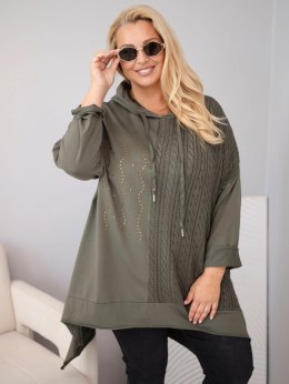 Bluza damska bawełniana Plus Size z kapturem i plecioną wstawką khaki