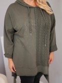 Bluza damska bawełniana Plus Size z kapturem i plecioną wstawką khaki