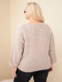 Sweter damski Plus Size z dekoltem V i szerokim rękawem ciemny beżowy