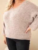 Sweter damski Plus Size z dekoltem V i szerokim rękawem ciemny beżowy