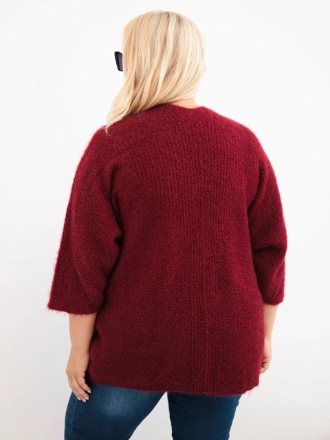 Sweter damski Plus Size z kieszeniami bez zapięcia bordowy