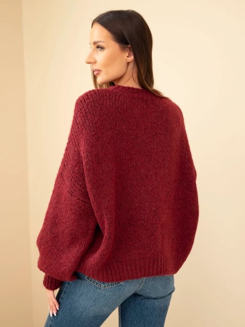 Sweter damski oversize z okrągłym dekoltem i ściągaczem bordowy