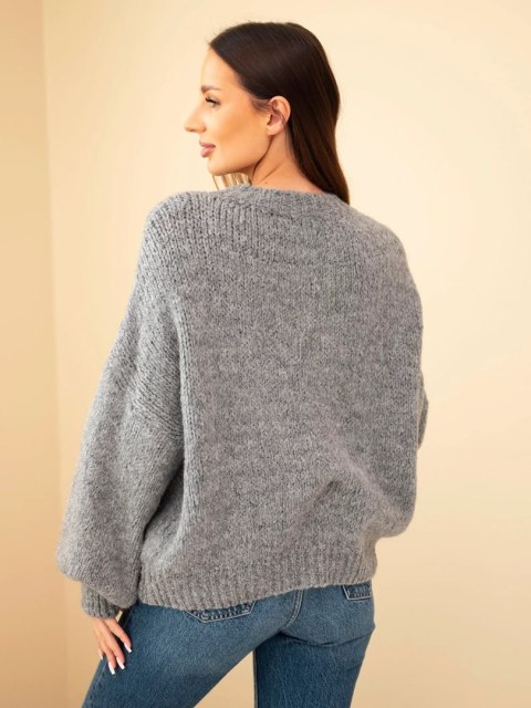 Sweter damski oversize z okrągłym dekoltem i ściągaczem szary