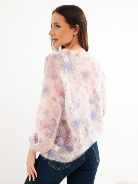 Sweter damski w 70% z kid moheru w kwiaty z długim rękawem fioletowy