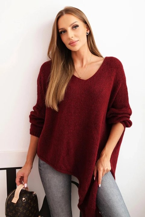 Sweter damski wełniany asymetryczny Plus Size z dekoltem V bordowy