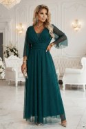 654-1 Długa połyskująca sukienka plus size z dekoltem i transparentnym rękawkiem - zieleń butelkowa