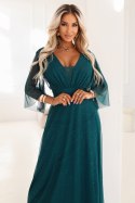 654-1 Długa połyskująca sukienka plus size z dekoltem i transparentnym rękawkiem - zieleń butelkowa