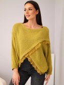 Sweter damski asymetryczny z koronkową wstawką oliwkowy