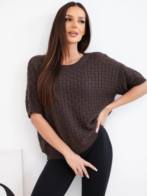 Sweter damski bawełniany ażurowy z krótkim rękawem brązowy