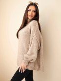 Sweter damski oversize z dodatkiem wełny z golfem i szerokimi rękawami ciemny beżowy