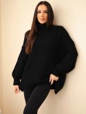 Sweter damski oversize z dodatkiem wełny z golfem i szerokimi rękawami czarny