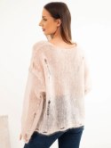 Sweter damski w 70% z kid moheru na guziki z efektem przetarć beżowy