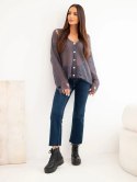 Sweter damski w 70% z kid moheru na guziki z efektem przetarć grafitowy