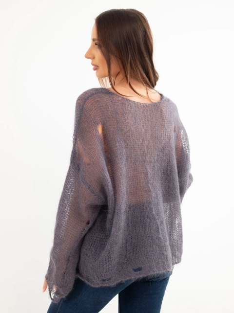 Sweter damski w 70% z kid moheru na guziki z efektem przetarć grafitowy