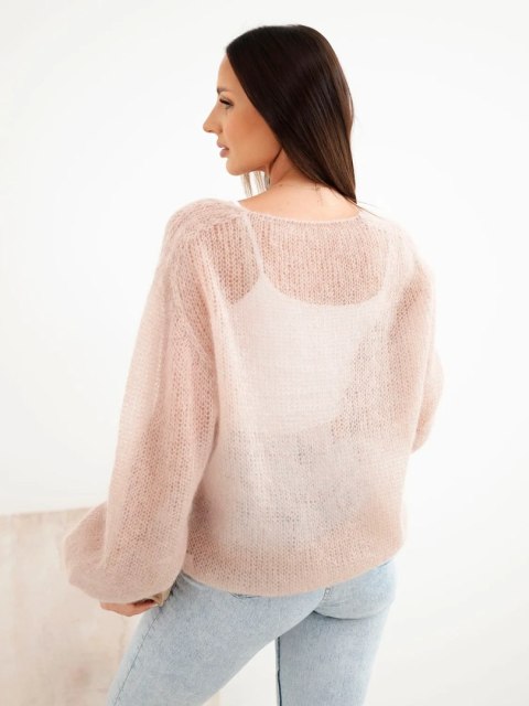 Sweter damski w 70% z kid moheru z dekoltem V o luźnym fasonie beżowy