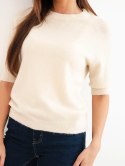 Sweter damski z baby alpaki z krótkim rękawem i okrągłym dekoltem jasny beżowy