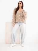 Sweter damski z frędzlami i ozdobnymi guzikami camelowy