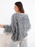 Sweter damski z frędzlami i ozdobnymi guzikami szary