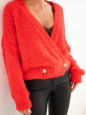 Sweter damski z moherem kopertowy z ozdobnymi guzikami czerwony