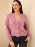 Sweter damski z moherem z ozdobnymi guzikami ciemny różowy