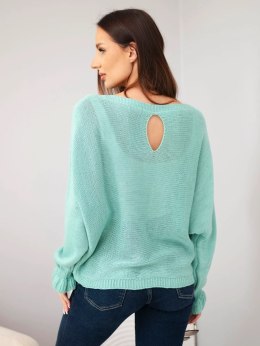 Sweter damski z moheru z marszczonymi rękawami i wycięciem na plecach ciemny miętowy