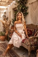 692-2 NAYA elegancka gorsetowa sukienka midi bez ramiączek z kokardą - jasny beż