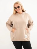 Bluza damska Plus Size masełko z kapturem i kieszenią kangurką camelowa
