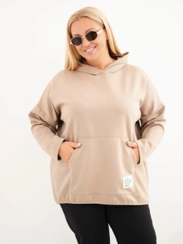 Bluza damska Plus Size masełko z kapturem i kieszenią kangurką camelowa
