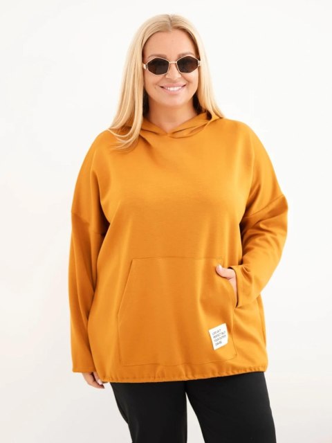 Bluza damska Plus Size masełko z kapturem i kieszenią kangurką musztardowa