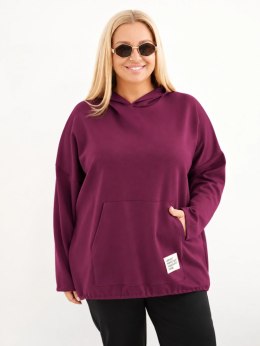 Bluza damska Plus Size masełko z kapturem i kieszenią kangurką śliwkowa