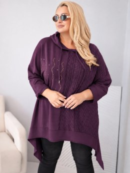 Bluza damska bawełniana Plus Size z kapturem i plecioną wstawką śliwkowa